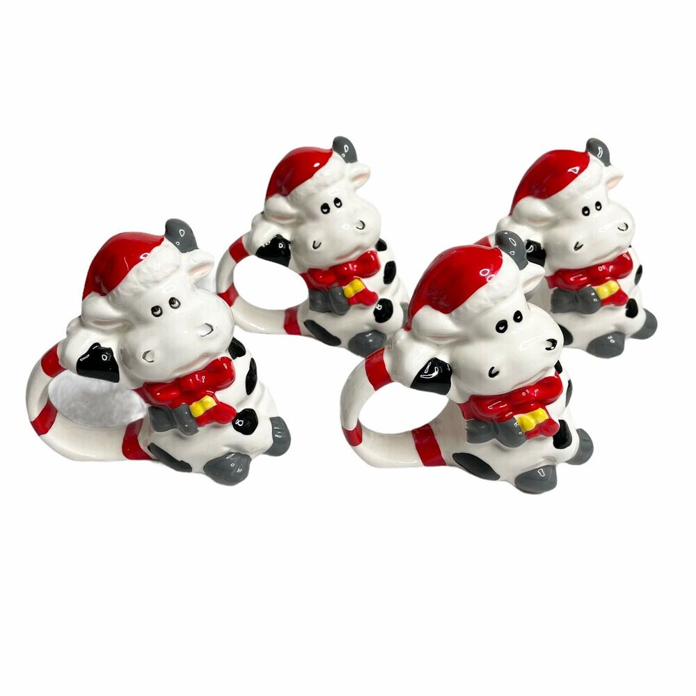 Set of 4 Santa Cow Christmas Napkin Rings holiday dining decorations farmhouse - Picture 5 of 7